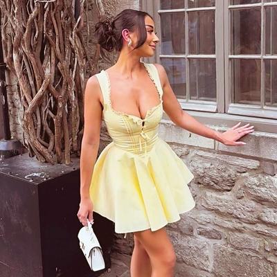 Plunge Lace Up Sexy Minikleid Damen Ärmellos Mode Retro Splice Falten Schlank Schwarz Party Abendkleid Weiblich Sommer