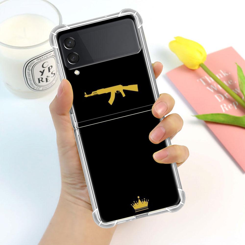 Luxury Case For Samsung Galaxy Z Flip 3 4 5G Funda Z Flip3 Clear PC Hard Shockproof Back Phone Shell AK47 Handgun Gun BUllets