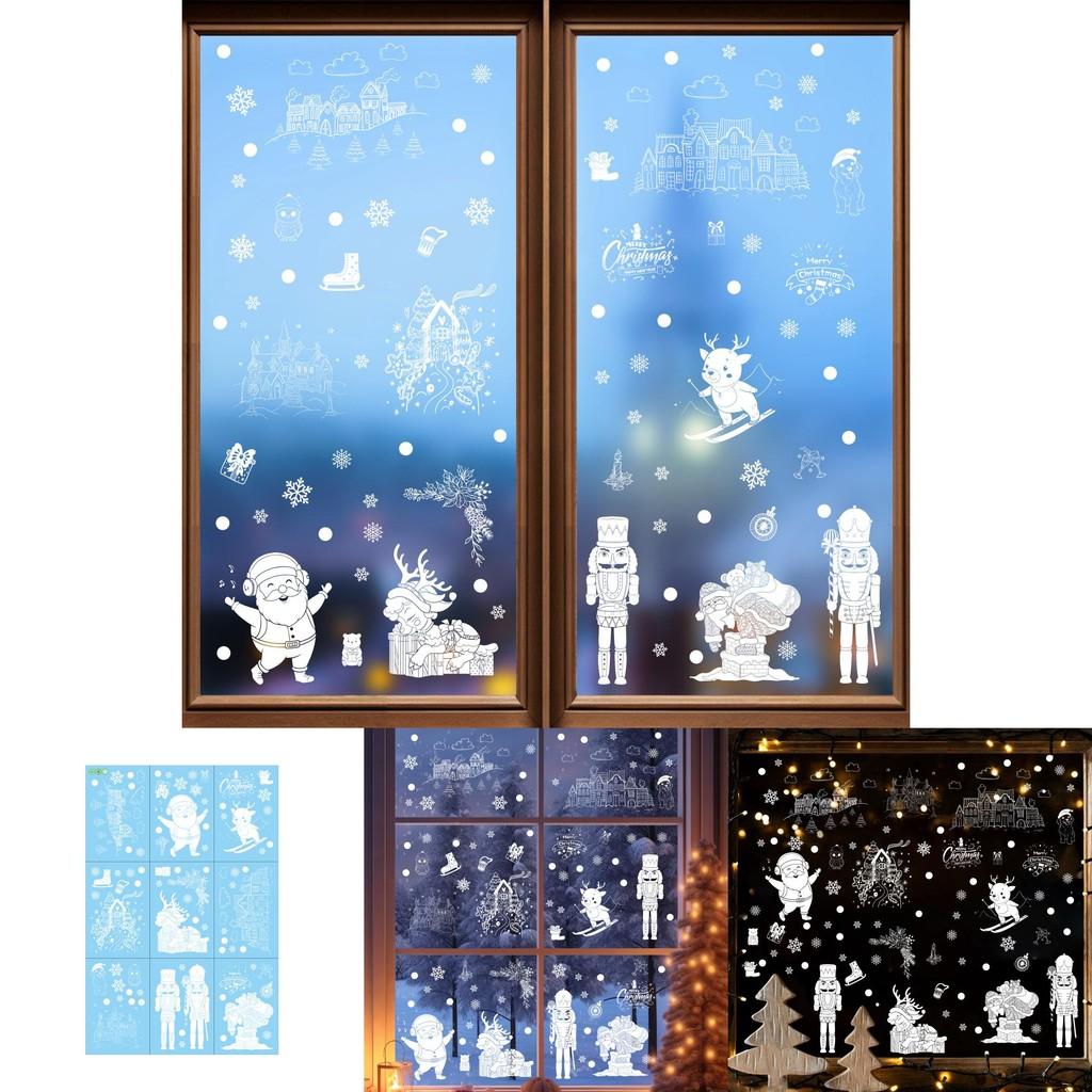 Christmas Snowflake Static Cling Glass Decal With Santa And Snowman For Window Decoration
