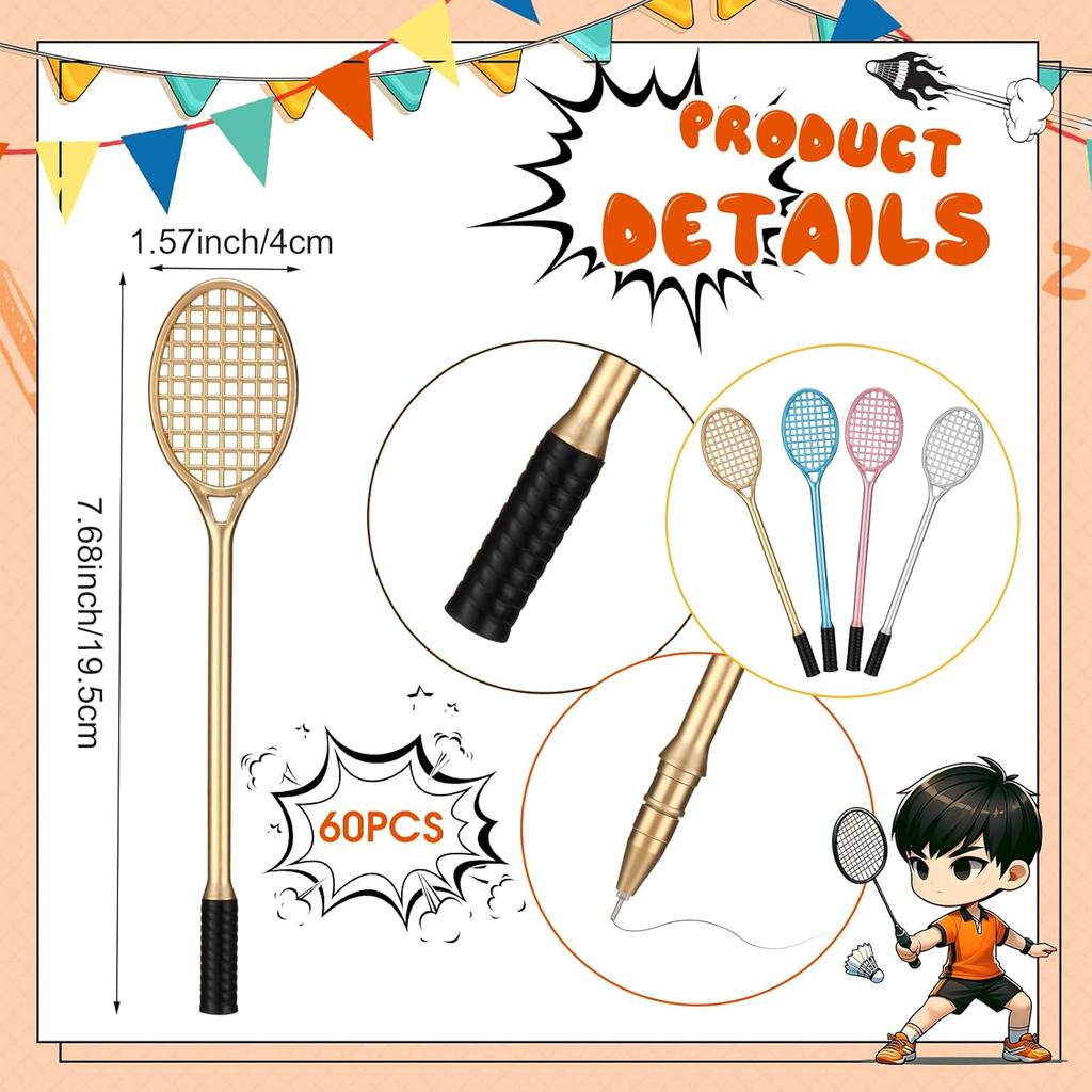 60 Pcs Tennis Racket Pens Tennis Party Favors Sport Gifts for Team Fidget Novelty Badminton Rollerball Pens for Home Adult Office Writing(Multicolor)