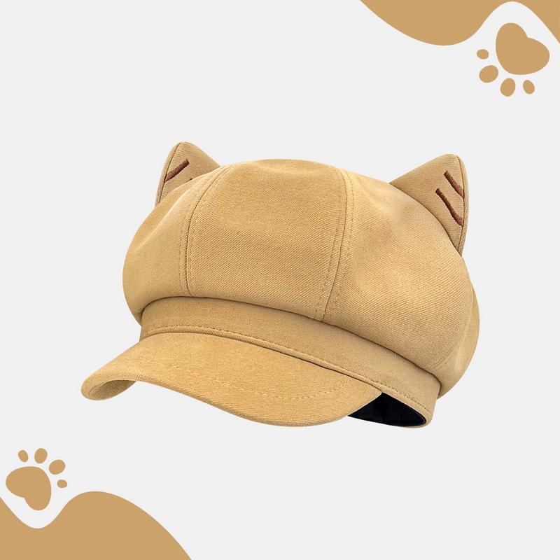 

GEMVIE Women Cute Cat Ear Beret Hat Autumn Winter Solid Color Beret Hats for Girls Octagonal Artist Painter Hat 55-58cm хаки