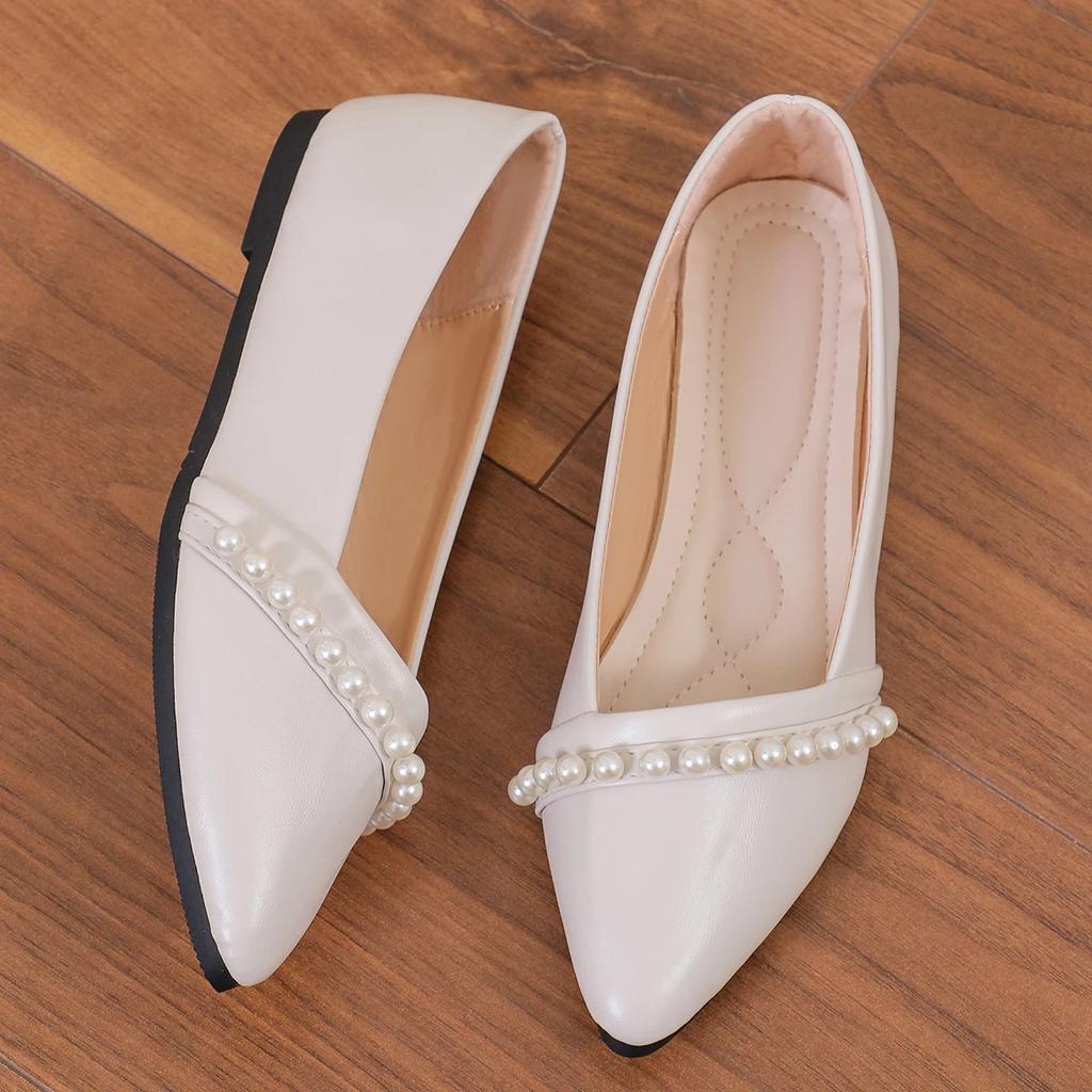 Fashion French Pointed Toe Shallow Mouth Single Shoes Women 2024 Pearl Temperament Versatile Work Shoes Flat Comfort Zapatos De Mujer