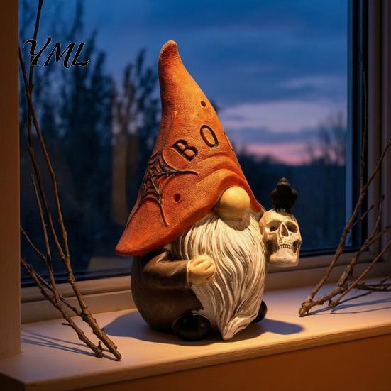 Resin Goblin Dwarf Ornaments Halloween Gnome Statue, EEK BOO Elf Figurine with Pumpkin Cute Desk Accessories Crow Skull, Spooky Tabletop Ornament for