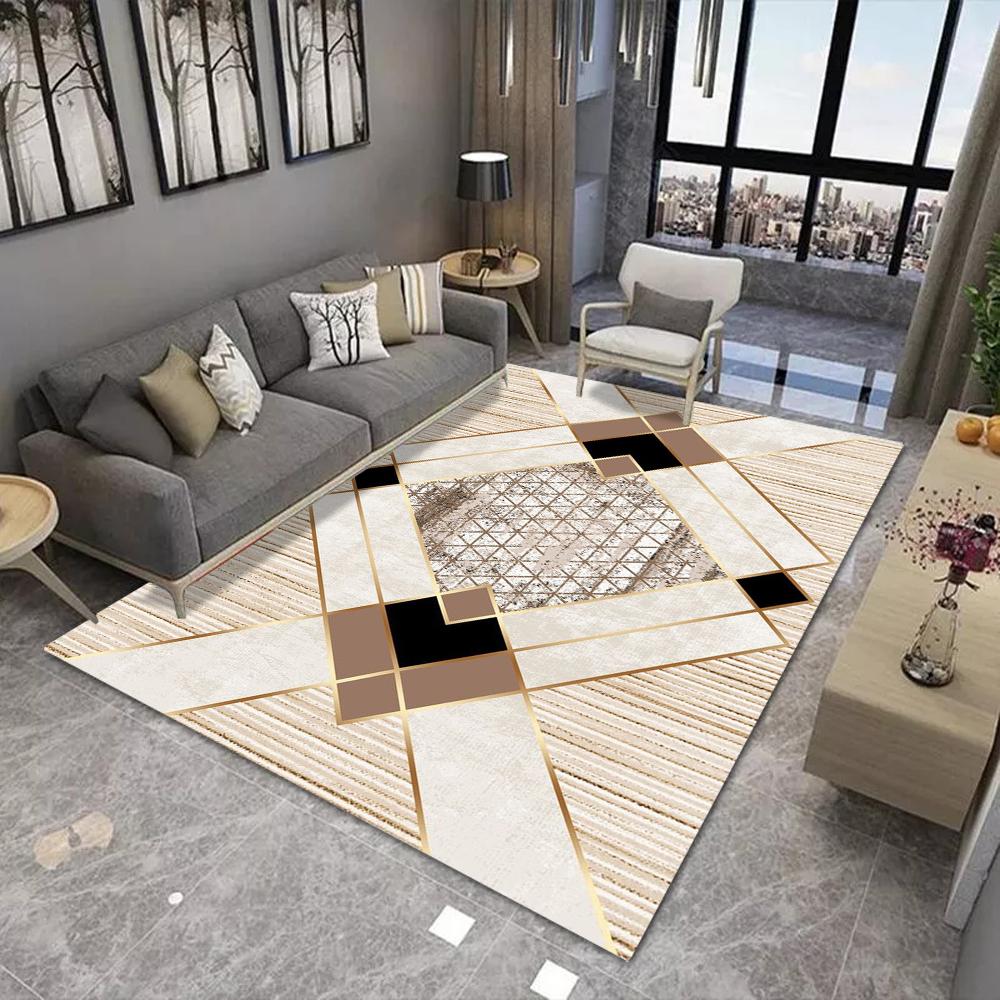 Modern Luxury Geometric Carpet With Gold Line Geometric Patchwork Marble Texture Non Slip Rug For Living Room Decor
