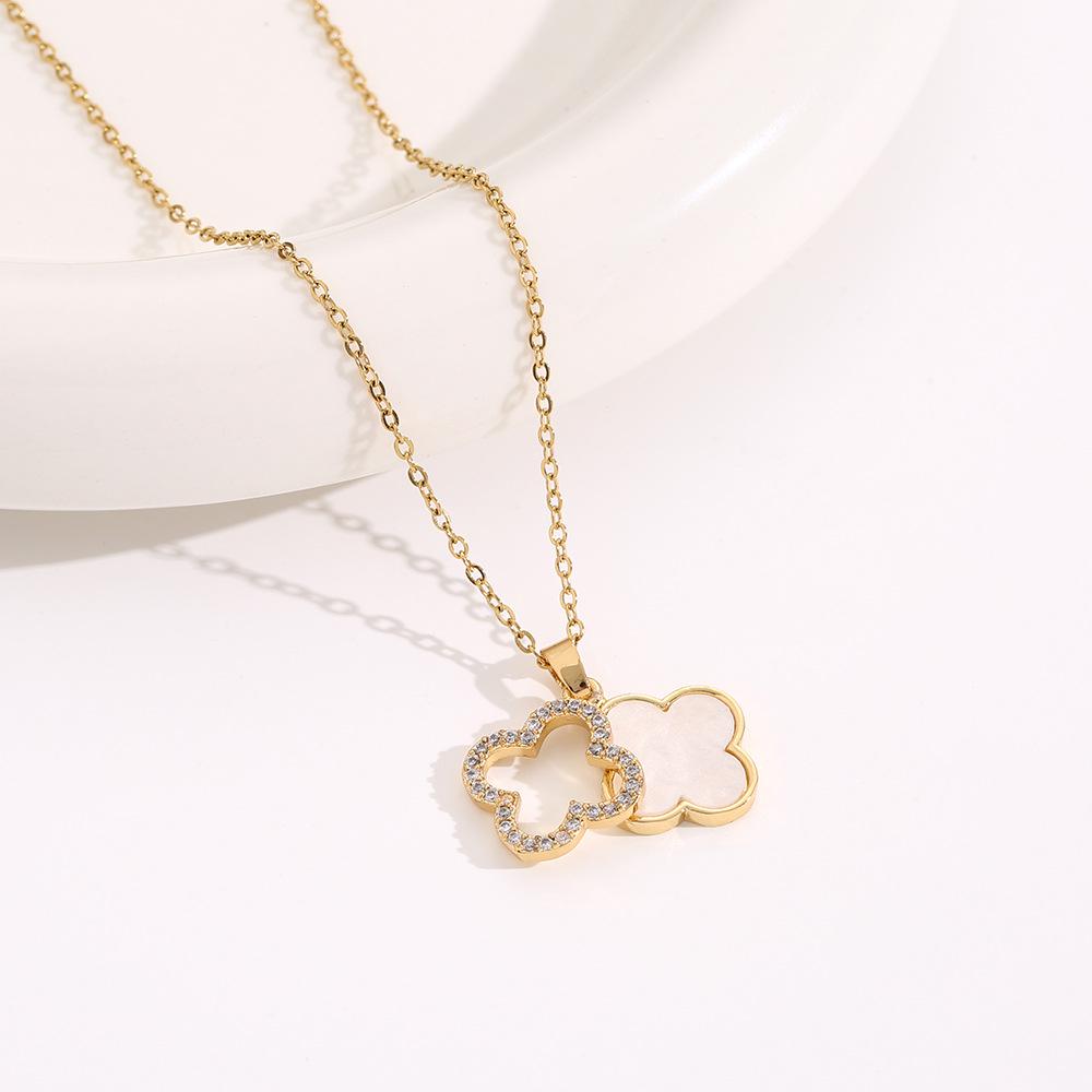Elegant Gold-Plated Chinese-Style Four-Leaf Clover Necklace with Imitation Hetian Jade Pendant for Women