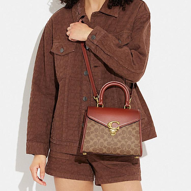 Coach Samy 24 Classic Monogram Print Push Lock Closure Leather And PVC Shoulder Bag Crossbody Bag Tote Bag Medium Women Bags Brown Red CH724-B4NQ4