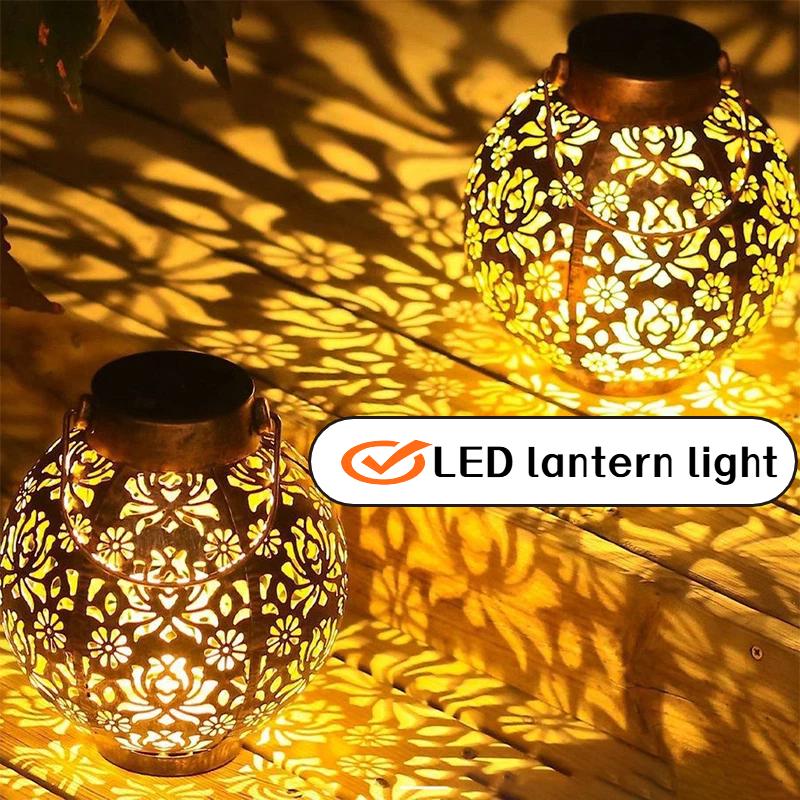 Solar Led Lantern Light Outdoor Hanging Projection Light With Hollow Wrought Iron Design Waterproof Yard For Garden Art Decoration