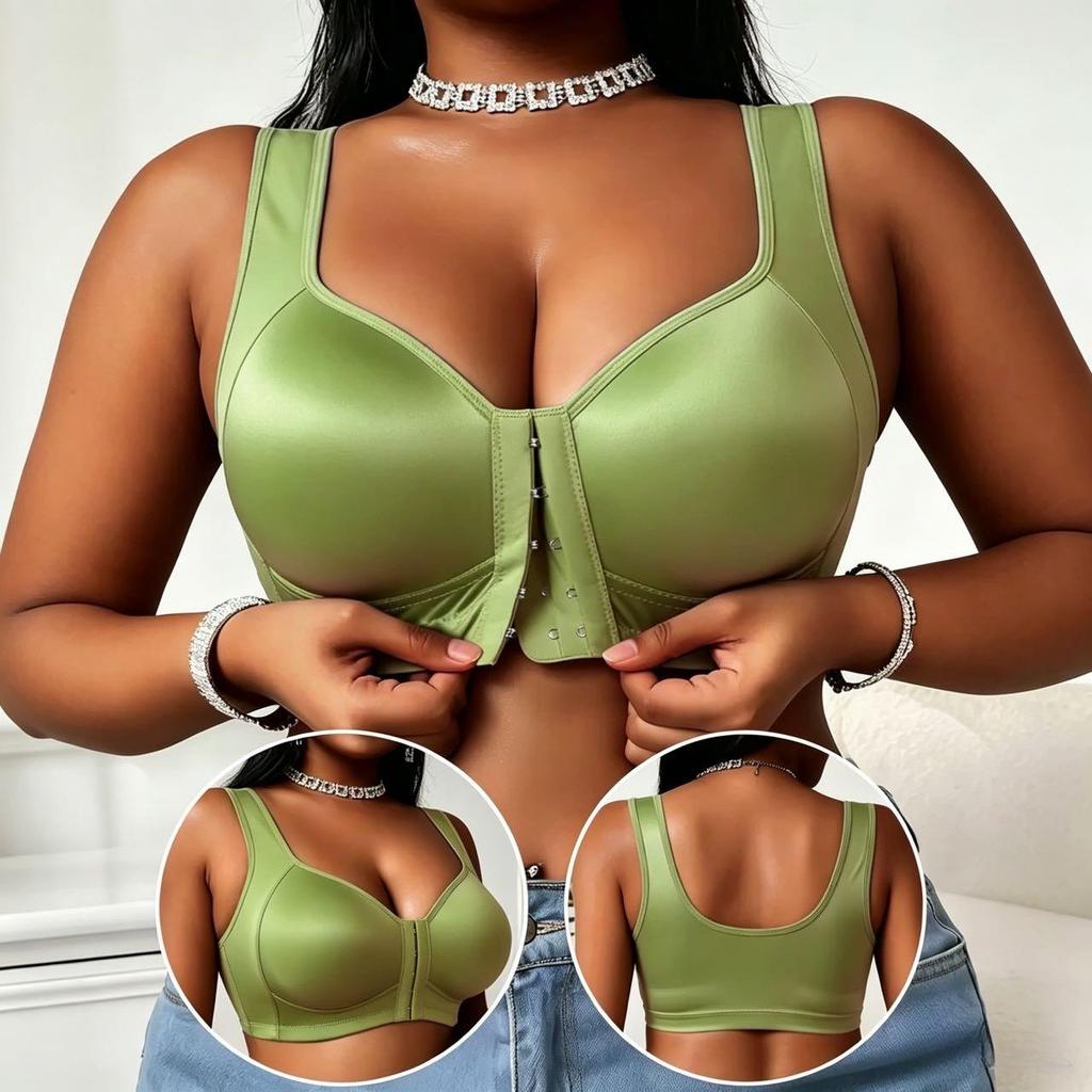DEF Cup Satin Push-Up Wire-Free Sports Bra with Front Closure for Plus Size Women