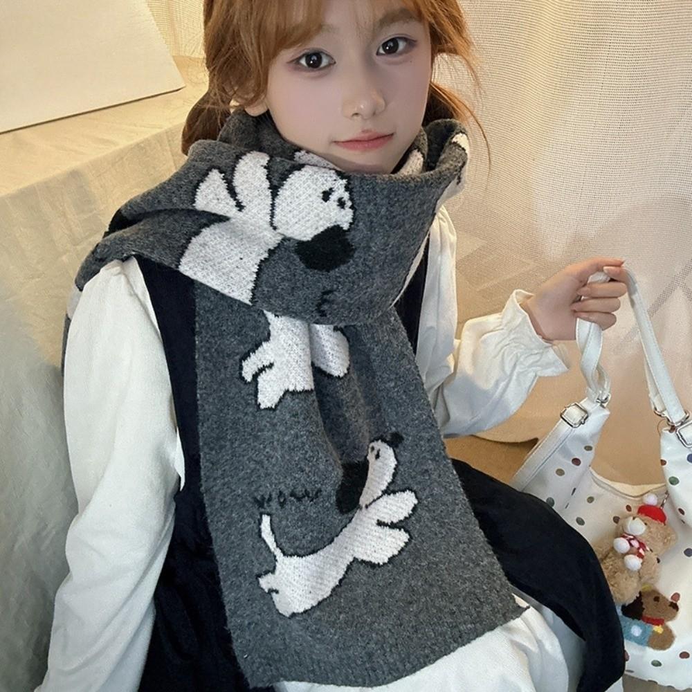 Korean Style Cashmere Blend Scarf Lightweight Knitted Shawl Trendy Puppy Pattern Scarf  Unisex