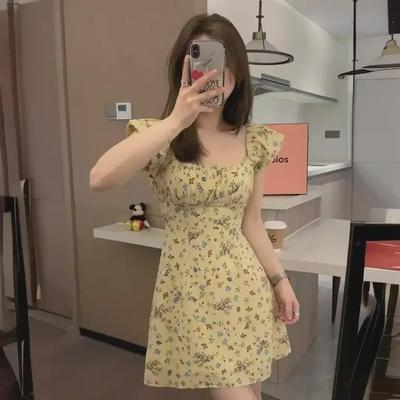 Primrose Yellow French Square Collar Floral Dress with Flutter Sleeves