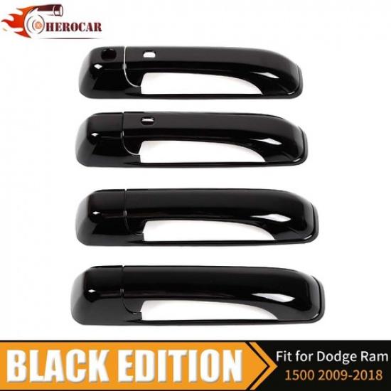 For 2009-17 2018 Dodge Ram 4 Door Handle COVERS GLOSS BLACK W/ KH W/ 2 SMTKH