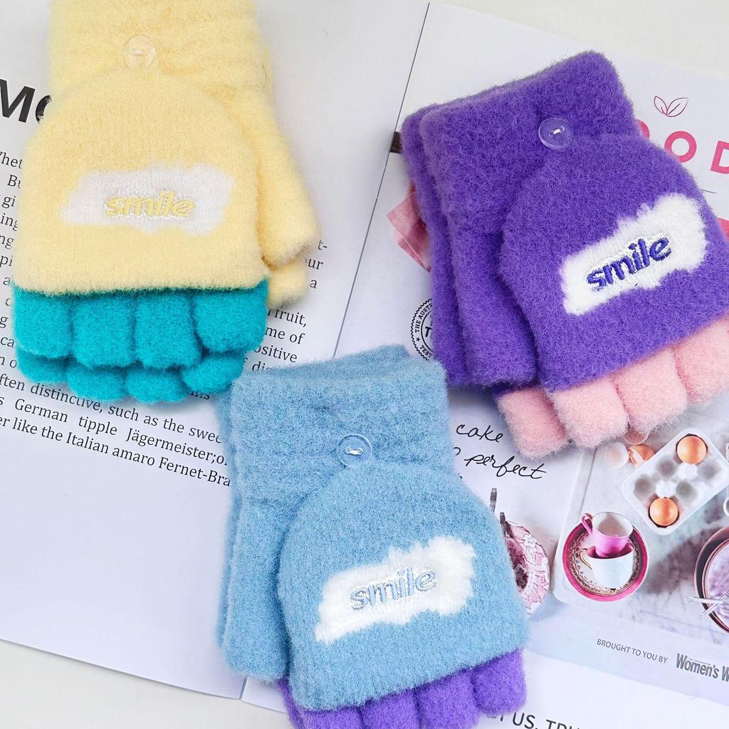 Children's Velvet Thickened Knitted Gloves: Warm, Finger-Accessible, Cartoon Design for Autumn/Winter