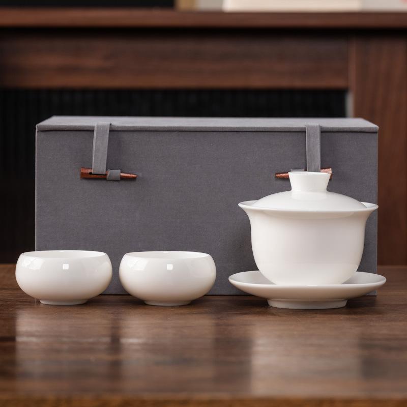 Hover Cover Bowl Suet Jade Porcelain White Porcelain High-end Three Talents Brewing Tea Bowl One Pot Two Cups Gift Box Light Luxury Boutique Tea Set