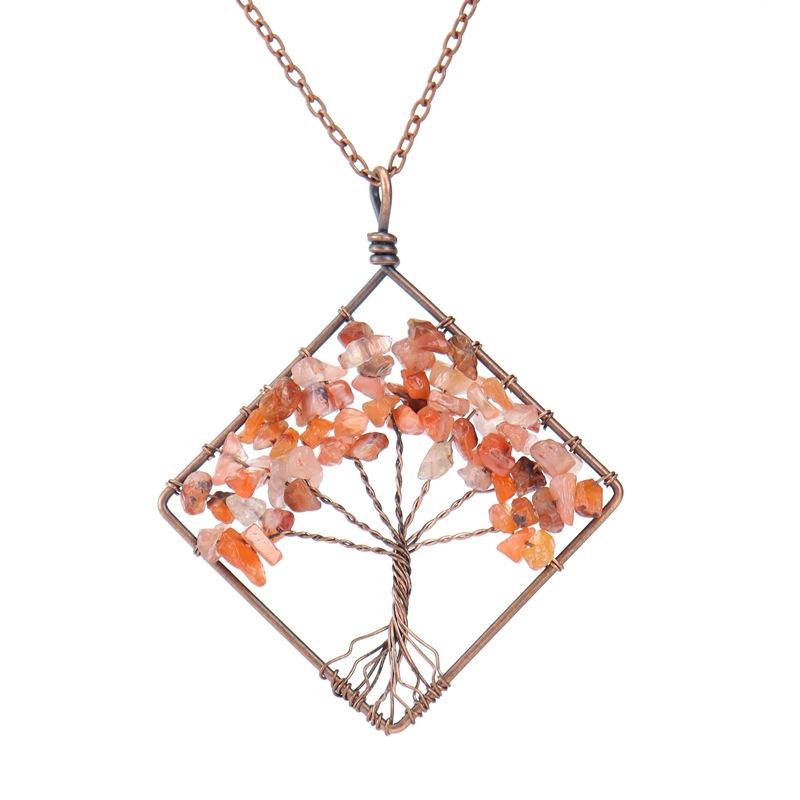 Hand-Wrapped Square Tree Of Life Necklace Natural Irregular Gravel Crystal Necklace N09