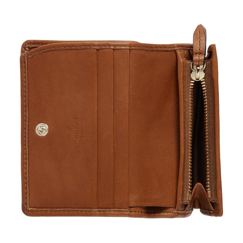Gucci GG Emblem Series Snap Closure Coated Canvas Wallet Mini Unisex Couple Model Beige with Dark Brown