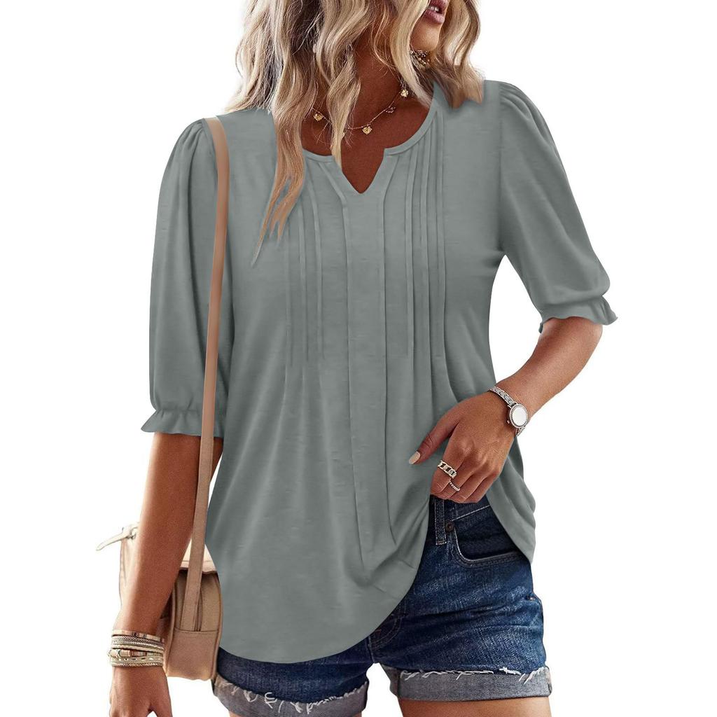 Solid Color V Neck Puff Sleeve Loose Casual Five Quarter Sleeve T Shirt