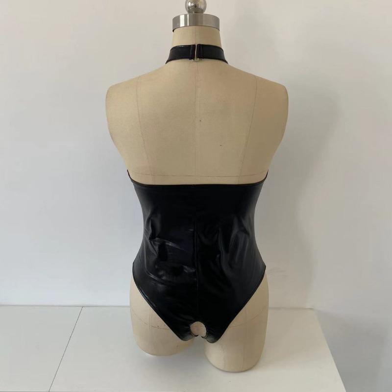New sexy temptation black patent leather women's sexy hollow onesie