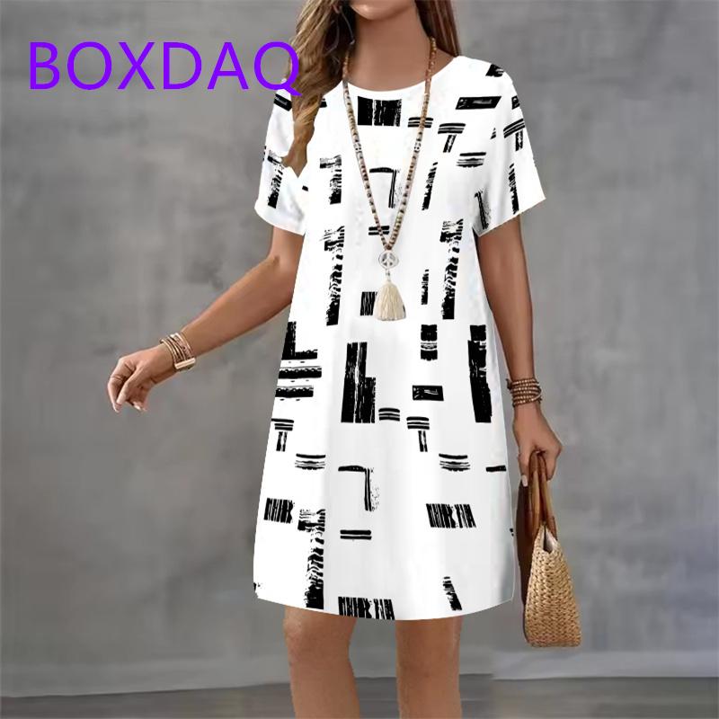 Geometric Stripe Printing Dress For Women Summer Sundress Loose Casual Short Sleeve O-Neck A-Line Dress Women Beach