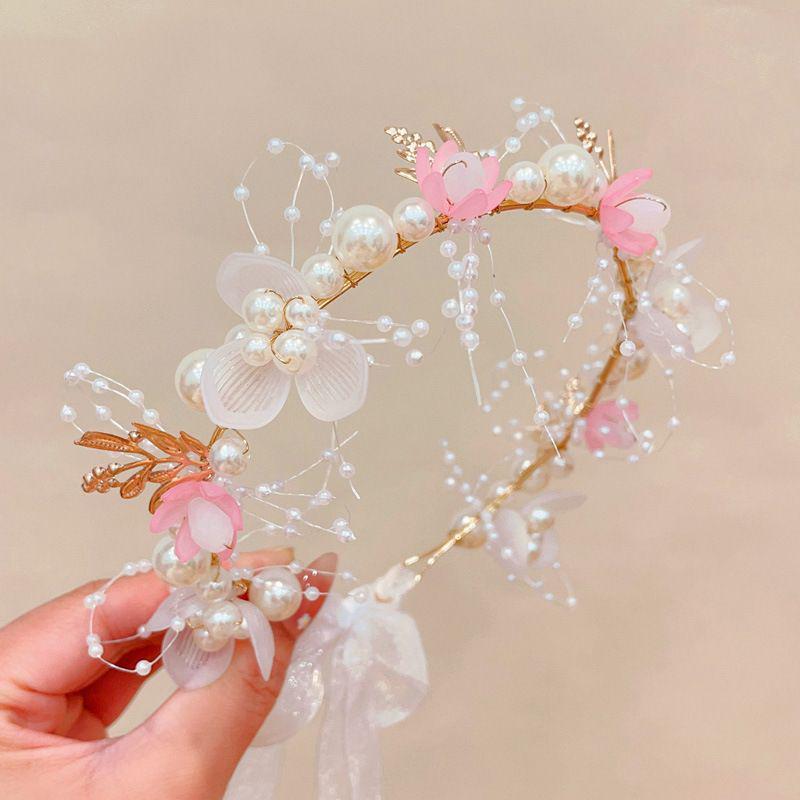 Children's Fairy Princess Flower & Pearl Ribbon Headdress - Sweet Snowflake Headband