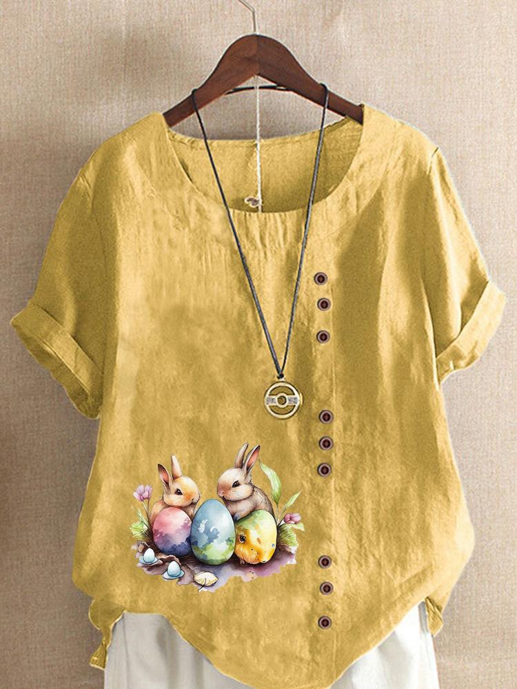 Women's Fashion Rabbit Print Casual Cotton Linen Short Sleeve Round Neck T-shirt Shirt Leisure Loose Summer Blouse Tops