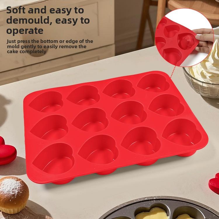 Silicone cake mold, 12-hole love heart shape mold home DIY baking cake mold Silicone bread mold красный