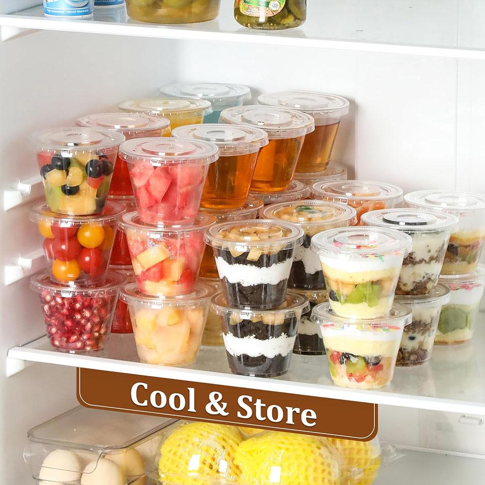Bicchieri di Plastica Trasparente da 9oz con Coperchi Piatto Senza Foro, Bicchieri Usa e Getta per Gelato, Budino, Torta, Snack Smoothie, Milkshake, Bevande Fredde
