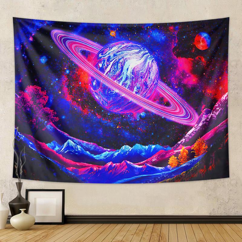 1PC Galaxy Space Black Light tapestry, Cool Planet Night Sky UV Reactive Fluorescent tapestry, Cosmic Mountain tapestry