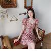 Women's Square Neck Short Sleeve Mini Dress A-Line High Waist French Vintage Floral Print Sweet Summer Casual Dress