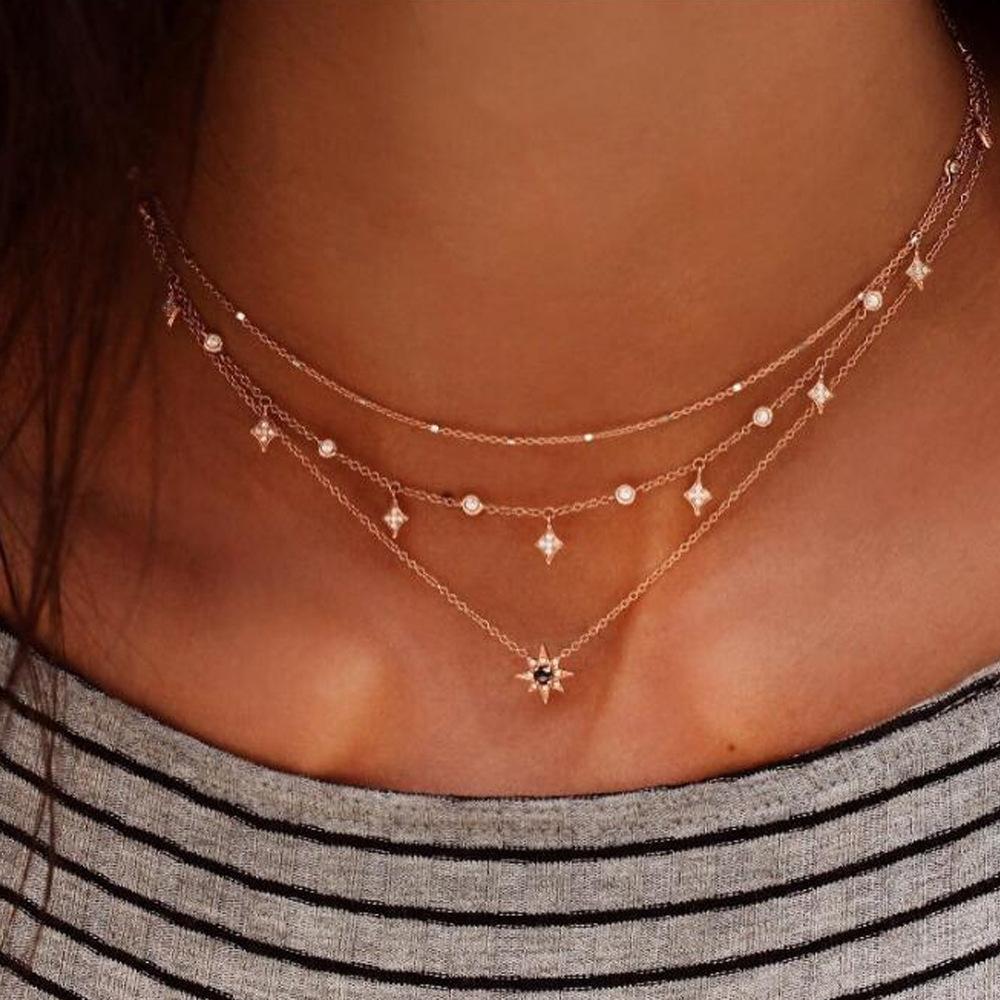 European and American popular personality geometric fashion simple multi-layer neck chain star pendant necklace spot