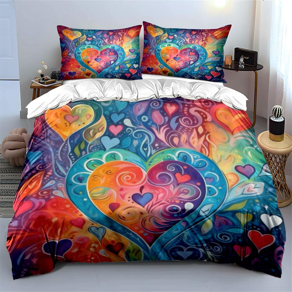 Colorful Abstract Heart Decor Set Soft Comfortable Duvet Cover Bedding Set Included 1*Duvet Cover & 2*Pillowcases, Gift
