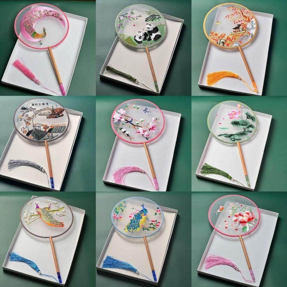 

Вышитый китайский старинный круглый веер с длинной ручкой, напечатанный круглый веер в стиле ханьфу, веер для танцев