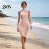 Everyday Casual Dress Women's Mesh Sheer Long Sleeve Mini Dress, Ruched Bodycon Mock Office Wear Women Neck Party Cocktail Formal Wedding Guest