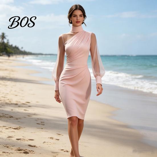 Everyday Casual Dress Women's Mesh Sheer Long Sleeve Mini Dress, Ruched Bodycon Mock Office Wear Women Neck Party Cocktail Formal Wedding Guest