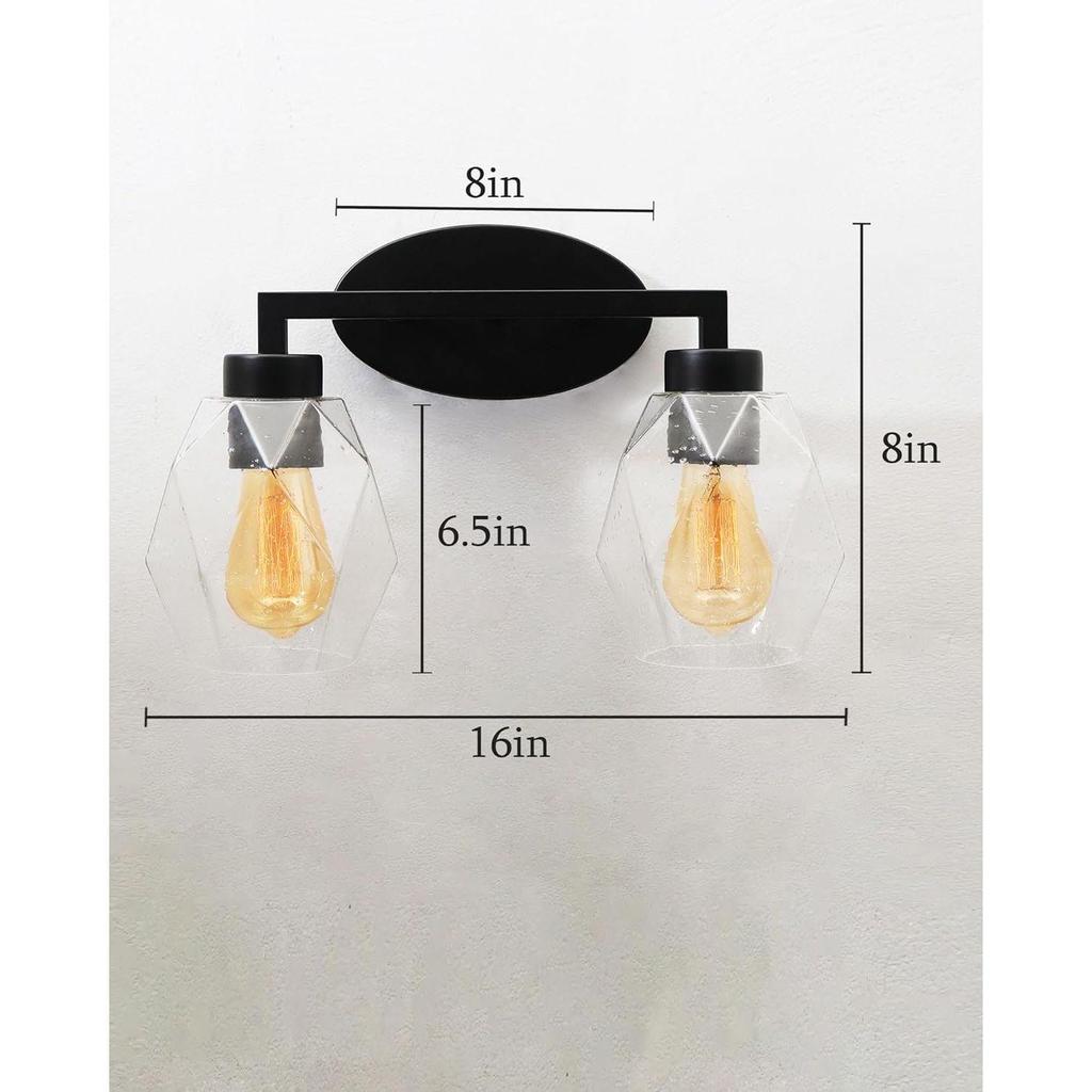 2-Light Wall Sconce Vanity Lighting Bathroom Lamp in Black with Hexa Glass Shades Wall Mounted Light Fixtures for Bedroom Stairs and Kitchen