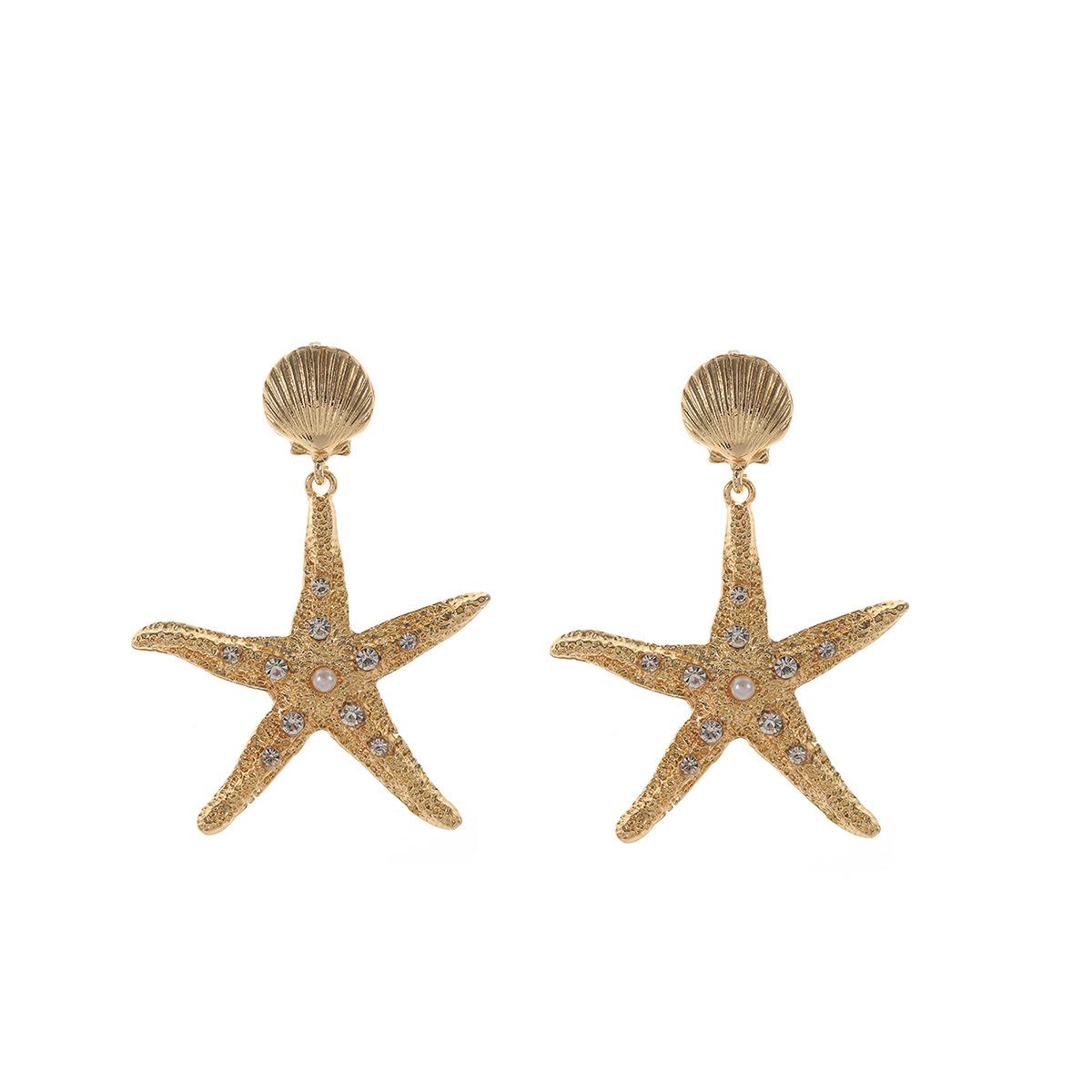 Beach Ocean Wind Shell Starfish Pendant Earrings with Full Diamond Design, niche and exaggerated earrings