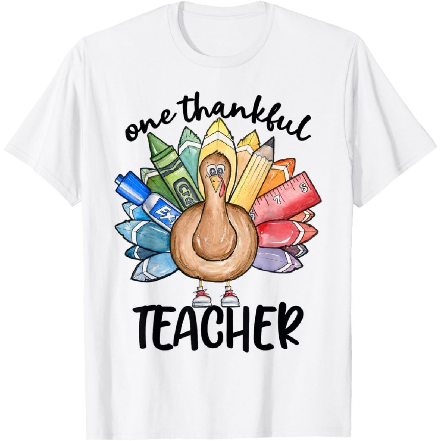 One Thankful Teacher Thanksgiving Turkey, Cute Crayon Pencil T-Shirt for Men Women S