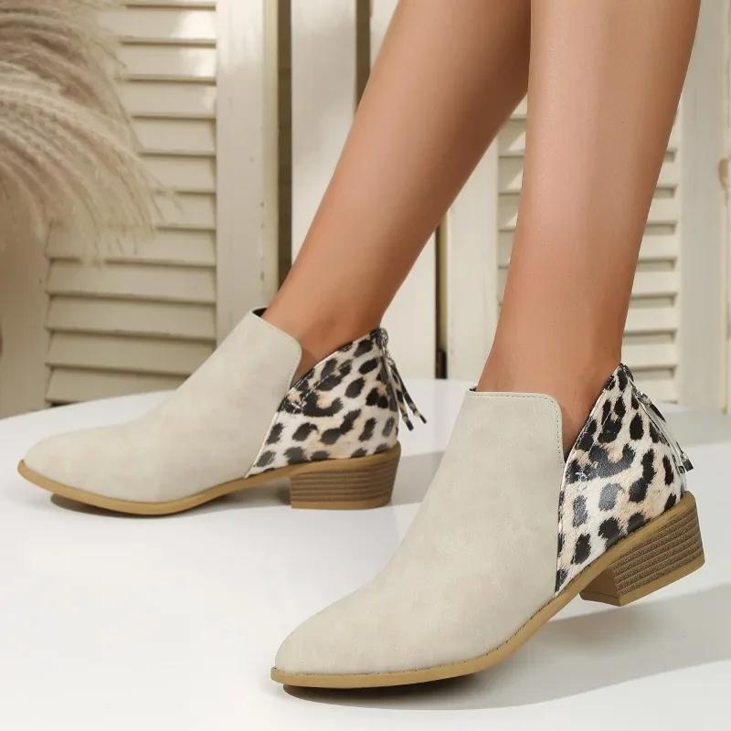 Fashion New Fashion Patchwork Leopard Ankle Boots Women Back Zipper Low Heels Short Boots Woman Autumn Pointed Toe Booties Plus Size
