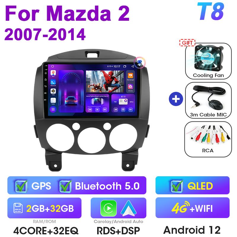 2 Din Car Radio For  MAZDA 2 Mazda2 2007-2014 Android 12 Multimedia Video Player Navigation GPS 4G Carplay Auto Stereo Head Unit