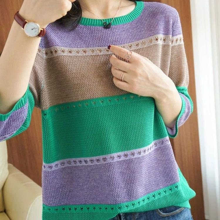 

Осенний ажурный свитер-пуловер для женщин с рукавами три четверти, полосатый свободный повседневный вязаный свитер в тон для женского нижнего белья One Size