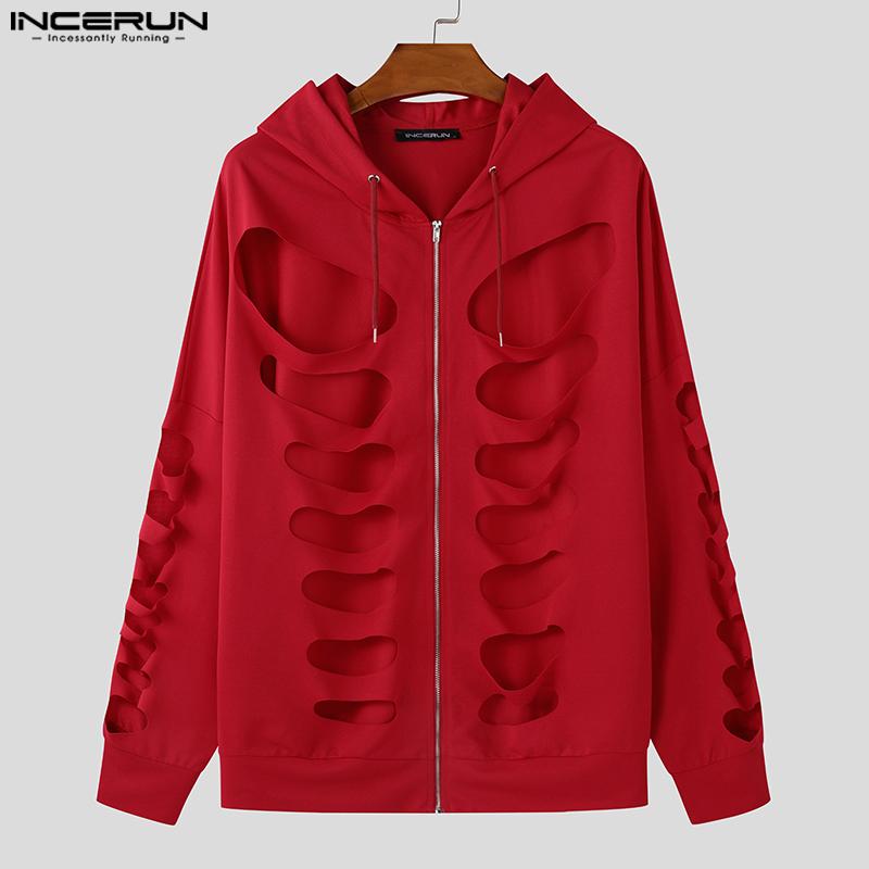INCERUN Men Long Sleeve Cutout Loose Hollow Pullover Hooded Sweatshirts