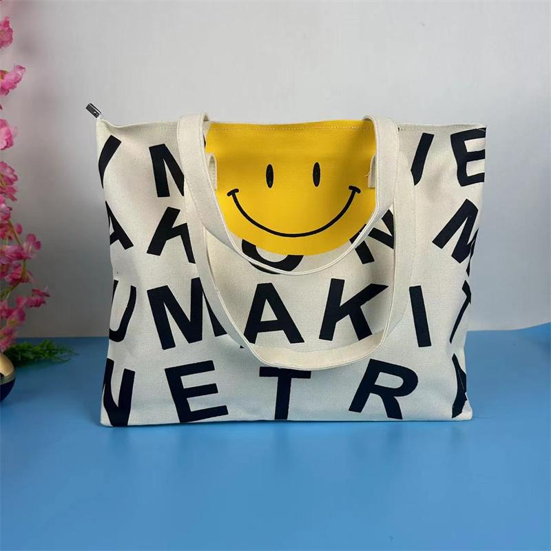 

Сумка-тоут с принтом букв и смайлика, холщовая сумка через плечо большой вместимости, модные сумки с молнией для покупок, школы