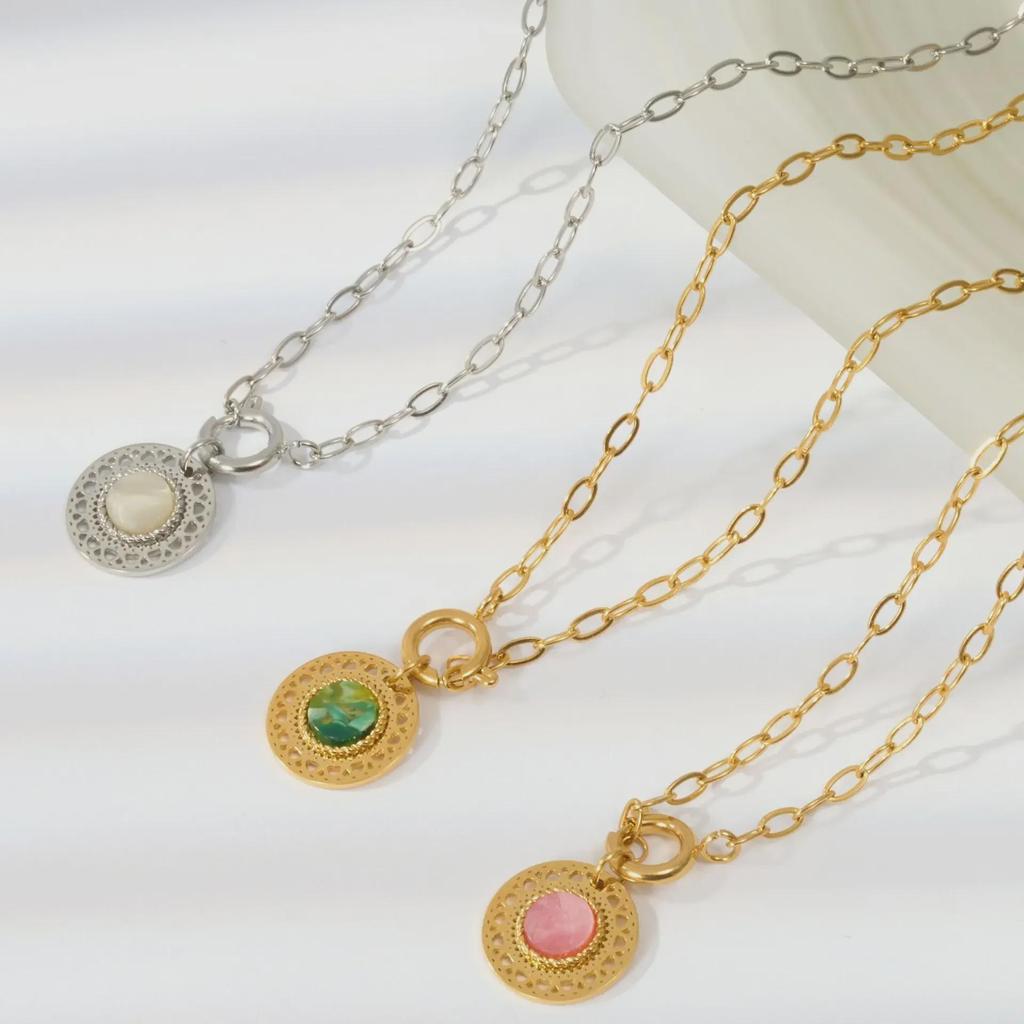 Emerald-Accented Titanium Steel Necklace - Elegant French Leaf Design