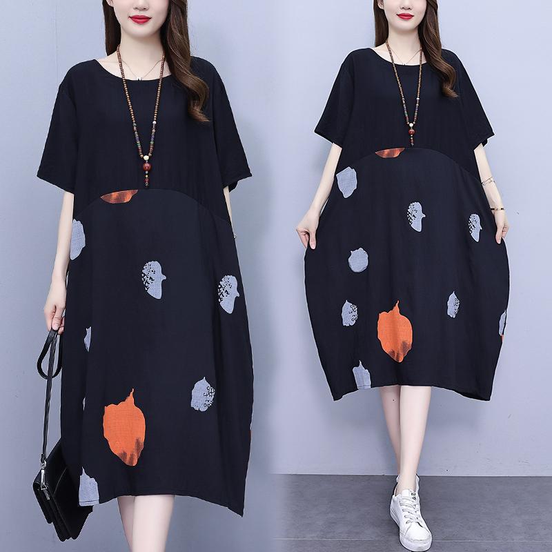 

DIMANAF 2023 Женское Лето Плюс Размер Уменьшающее Свободное Утягивающее Повседневное Рубашка Юбка Средней Длины Высококачественное Телесное Платье С Короткими Рукавами и Темпераментным Принтом