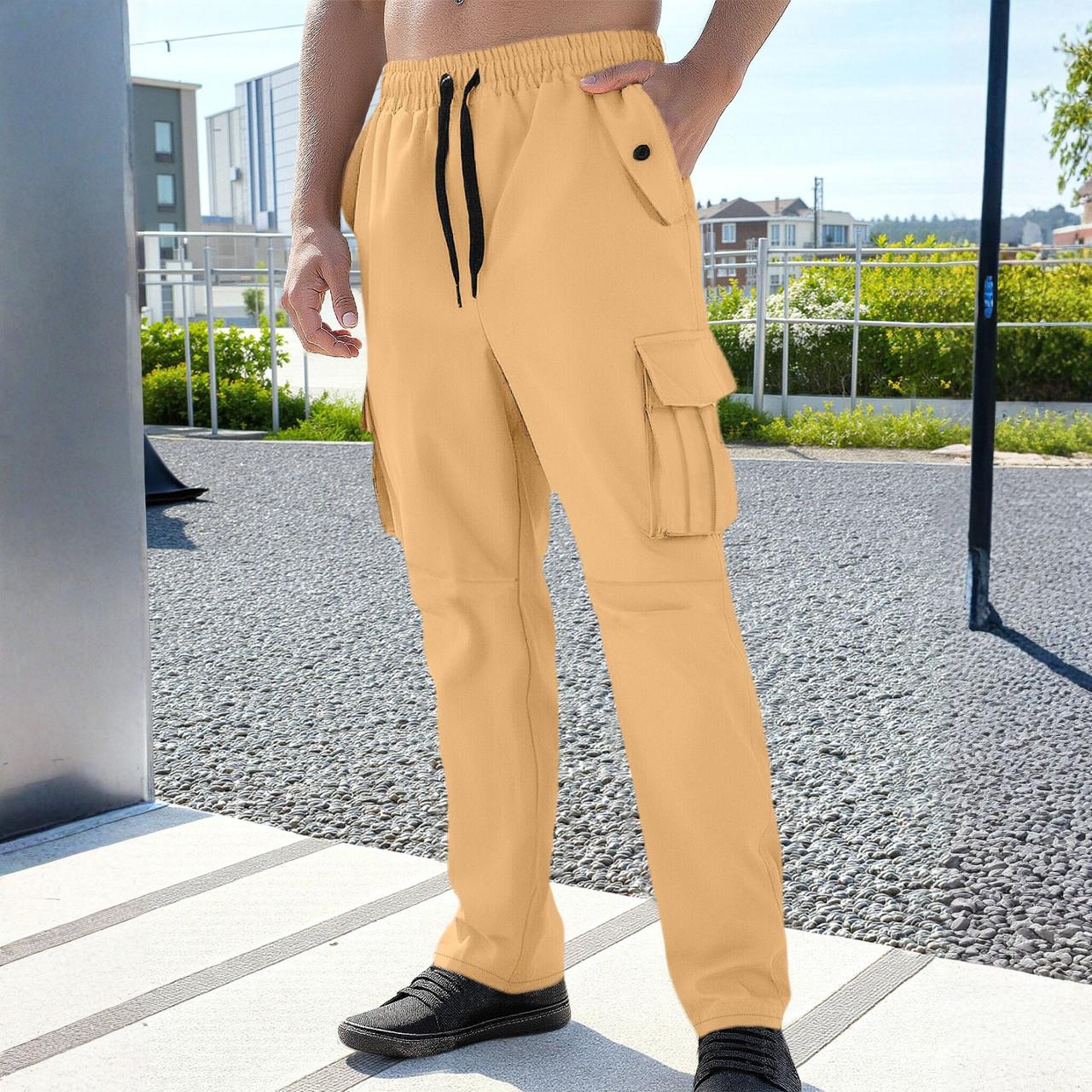 

Мужской свободный повседневный однотонный комбинезон с несколькими карманами, эластичная талия на кулиске, эластичные прямые повседневные брюки XXL