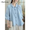 2026 Plus Sie Spring Autumn Women Casual Loose Basic Blouse Turn-Down Collar Blue Cotton Shirt Long Sleeve Baggy Comfortable Ladies' Blouse