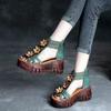 Retro Flower Sandals Women's Roman Open Toe Round Head Hollow Fish Mouth Wedges Shoes Anti-slip Slippers Sandales Femmes