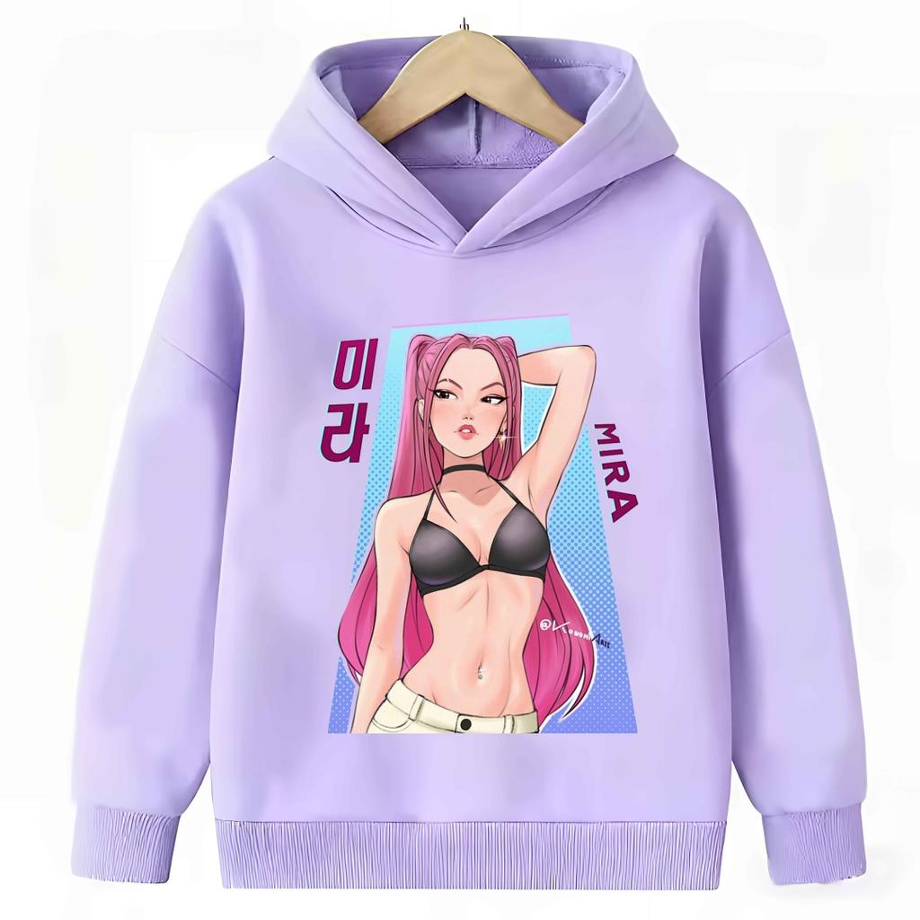 KPop Demon Hunter Cartoon Girls Boy Hooded Sweatshirt Warm Children's Purple Sweatshirt Fashion Casual Tops Girls Clothing