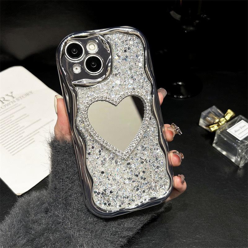 For Apple 17Promax Electroplated Silver Phone Case for IPhone16 Love Mirror Sequins High-end Ins