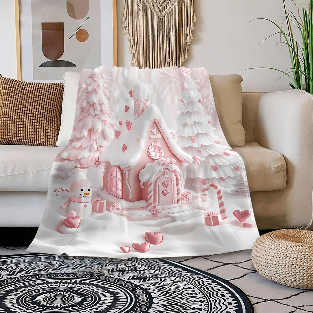 1pc Pink Candy House Design Blanket ,Sofa, Bed, Travel, Lunch Break, Flannel Blanket.