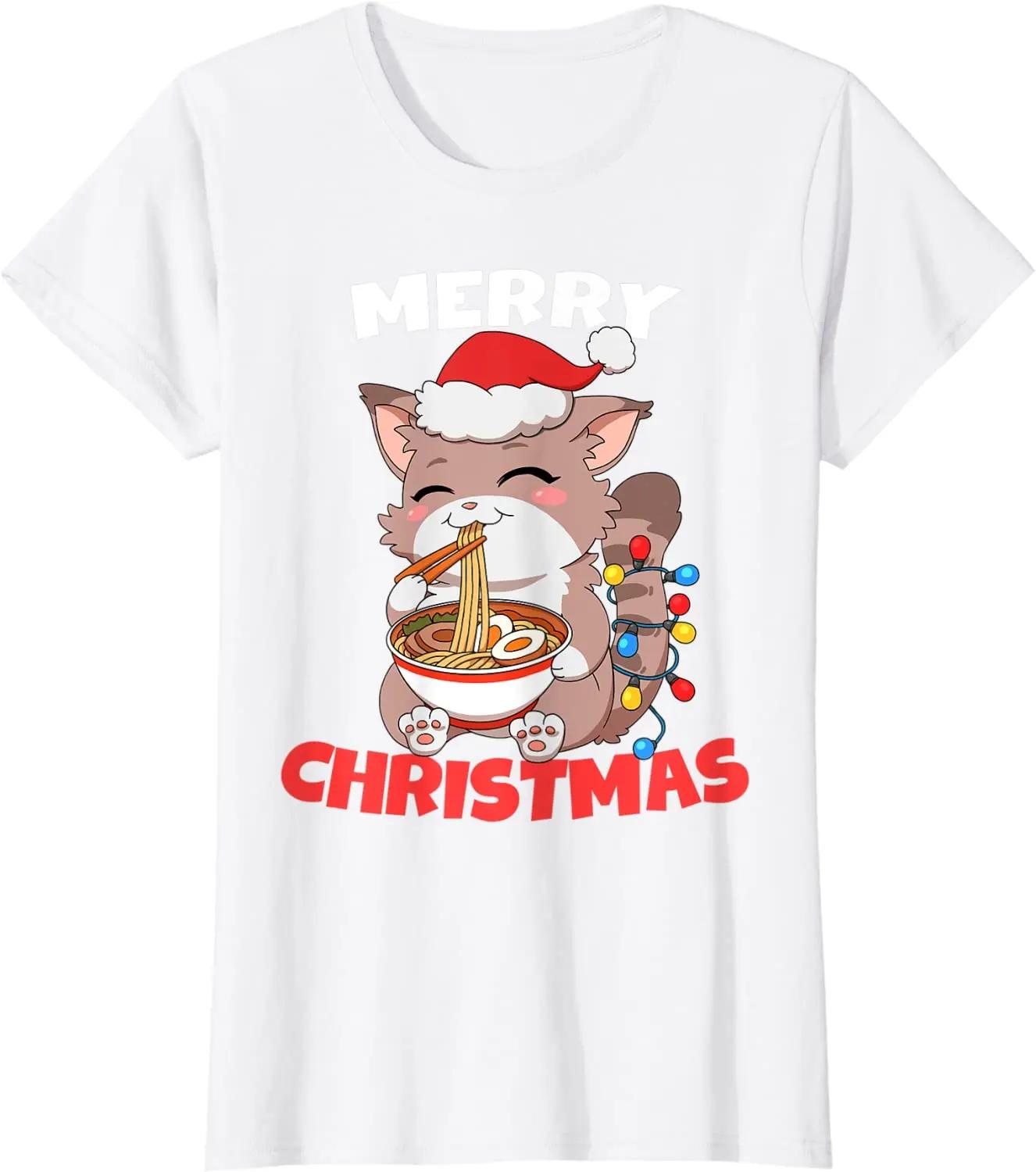 

Merry Christmas Anime Kawaii Cat Ramen Xmas Lights T-Shirt XXXXXL белый